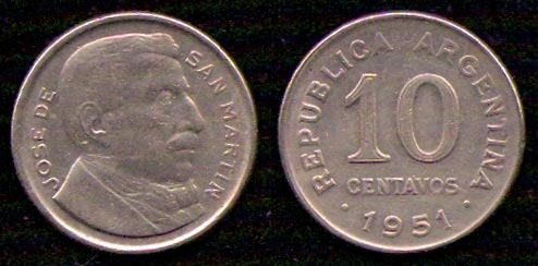 10 сентаво<br> 1951 год<br> Аргентина<br> JOSE DE SAN MARTIN REPUBLICA ARGENTINA 10 CENTAVOS 1951