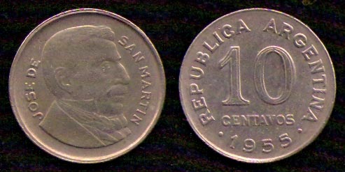 10 сентаво<br> 1955 год<br> Аргентина<br> JOSE DE SAN MARTIN REPUBLICA ARGENTINA 10 CENTAVOS 1955