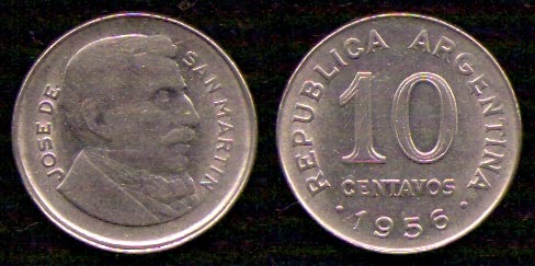 10 сентаво<br> 1956 год<br> Аргентина<br> JOSE DE SAN MARTIN REPUBLICA ARGENTINA 10 CENTAVOS 1956