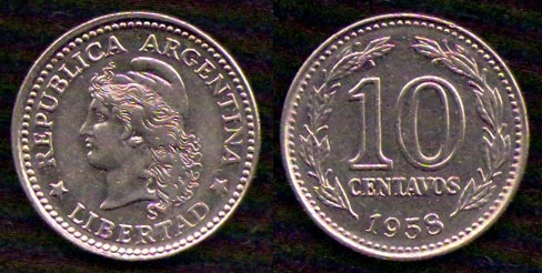10 сентаво<br> 1958 год<br> Аргентина<br> REPUBLICA ARGENTINA LIBERTAD 10 CENTAVOS 1958