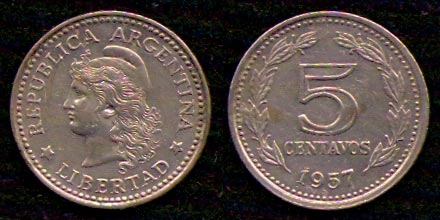 5 сентаво<br> 1957 год<br> Аргентина<br> REPUBLICA ARGENTINA LIBERTAD 5 CENTAVOS 1957