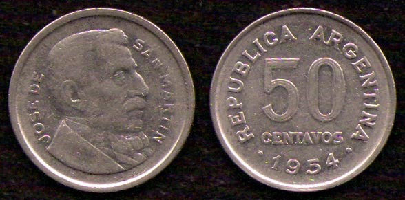 50 сентаво<br> 1954 год<br> Аргентина<br> JOSE DE SAN MARTIN REPUBLICA ARGENTINA 50 CENTAVOS 1954
