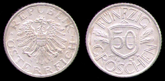 50 грошей<br> 1947 год<br> Австрия<br> алюминий<br> ÖSTERREICH REPUBLIK FÜNFZIG GROSCHEN 50 1947