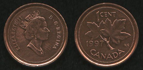 1 цент<br> 1997 год<br> Канада<br> ELIZABETH II D G REGINA 1 CENT 1997 CANADA KG
