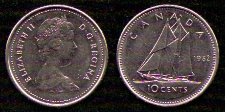 10 центов<br> 1982 год<br> Канада<br> ELIZABETH II D G REGINA CANADA 1982 10 CENTS