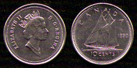 10 центов<br> 1990 год<br> Канада<br> ELIZABETH II D G REGINA CANADA 1990 10 CENTS