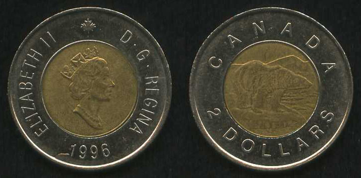 2 доллара<br> 1996 год<br> Канада<br> ELIZABETH II D G REGINA 1996 CANADA 2 DOLLARS