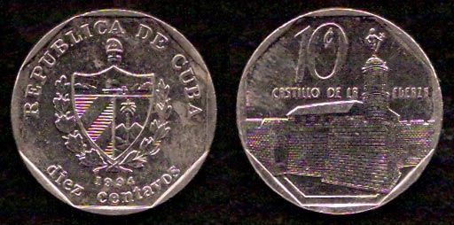 10 центов<br> 1994 год<br> Куба<br> REPUBLICA DE CUBA 1994 DIEZ CENTAVOS 10 ¢ CASTILLO DE LA FUERZA