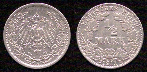 1/2 марки<br> 1911 год<br> Германия<br> серебро<br> DEUTSCHES REICH 1/2 MARK 1911