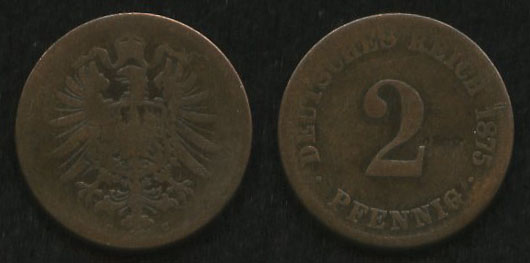 2 пфенига<br> 1875 год<br> Германия