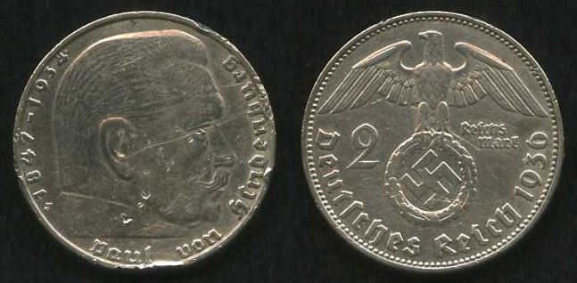 2 рейхс марки<br> 1936 год<br> Германия<br> серебро<br> PAUL VON HINDENBURG 1847-1936 2 REICHS MARK DEUTSCHES REICH 1936