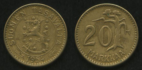 20 марок<br> 1954 год<br> Финляндия
