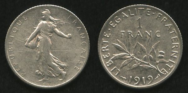 1 франк<br> 1919 год<br> Франция
