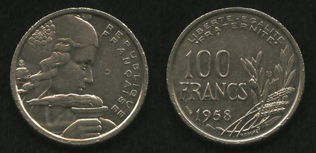 100 франков<br> 1958 год<br> Франция