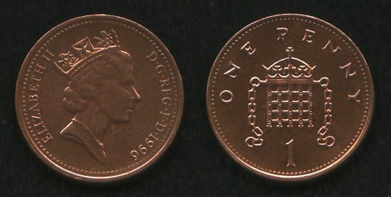 1 пени<br> 1996 год<br> Елизавета II<br> Великобритания