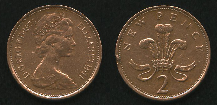 2 нью пенса<br> 1975 год<br> Елизавета II<br> Великобритания