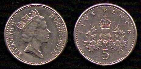 5 пенсов<br> 1990 год<br> Елизавета II<br> Великобритания<br> ELIZABETH II D G REG F D 1990 FIVE PENCE 5