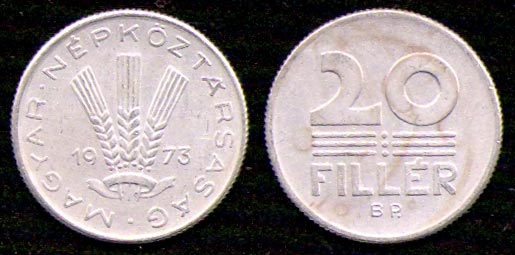 20 филлеров<br> 1973 год<br> Венгрия<br> MAGYAR NEPKOZTARSASAG 1973 20 FILLÉR BP.