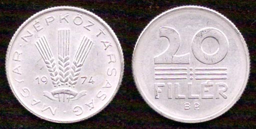 20 филлеров<br> 1974 год<br> Венгрия<br> MAGYAR NEPKOZTARSASAG 1974 20 FILLÉR BP.