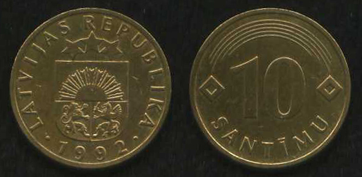 10 сантимов<br> 1992 год<br> Латвия<br> LATVIJAS REPUBLIKA 1992 10 SANTIMU
