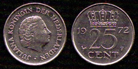 25 центов<br> 1972 год<br> Нидерланды<br> JULIANA KONINGIN DER NEDERLANDEN 1972 25 CENT