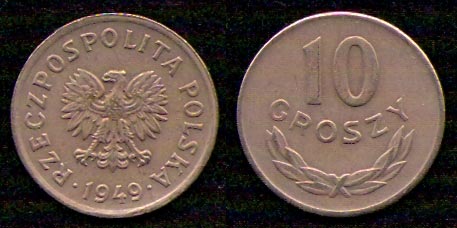 10 грошей<br> 1949 год<br> Польша<br> RZECZPOSPOLITA POLSKA 1949 10 GROSZY
