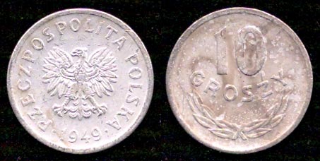 10 грошей<br> 1949 год<br> Польша<br> RZECZPOSPOLITA POLSKA 1949 10 GROSZY