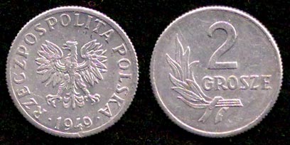 2 гроша<br> 1949 год<br> Польша<br> RZECZPOSPOLITA POLSKA 1949 2 GROSZE
