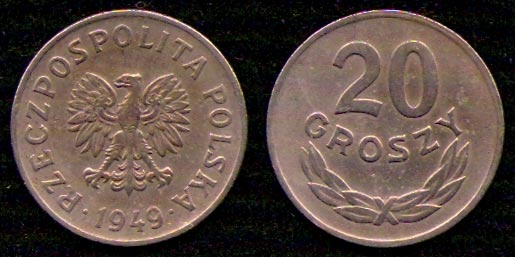 20 грошей<br> 1949 год<br> Польша<br> RZECZPOSPOLITA POLSKA 1949 20 GROSZY