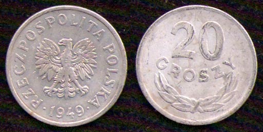20 грошей<br> 1949 год<br> Польша<br> RZECZPOSPOLITA POLSKA 1949 20 GROSZY