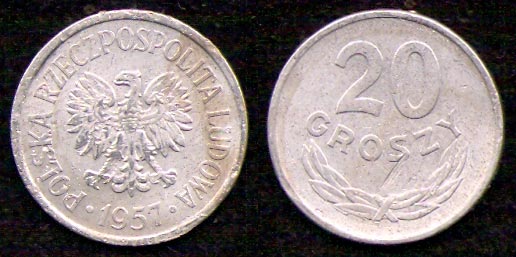 20 грошей<br> 1957 год<br> Польша<br> POLSKA RZECZPOSPOLITA LUDOWA 1957 20 GROSZY