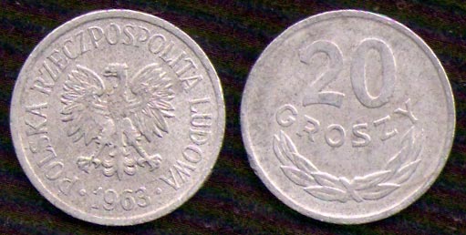 20 грошей<br> 1963 год<br> Польша<br> POLSKA RZECZPOSPOLITA LUDOWA 1963 20 GROSZY