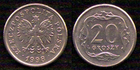 20 грошей<br> 1998 год<br> Польша<br> RZECZPOSPOLITA POLSKA 1998 20 GROSZY