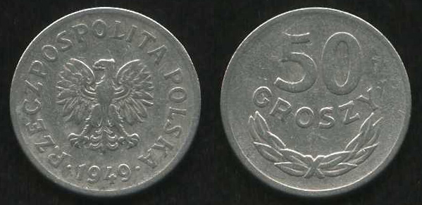 50 грошей<br> 1949 год<br> Польша<br> алюминий<br> RZECZPOSPOLITA POLSKA 1949 50 GROSZY