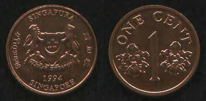 1 цент<br> 1994 год<br> Сингапур<br> SINGAPURA 1994 ONE CENT 1