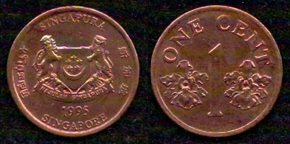 1 цент<br> 1995 год<br> Сингапур<br> SINGAPURA SINGAPORE 1995 ONE CENT 1