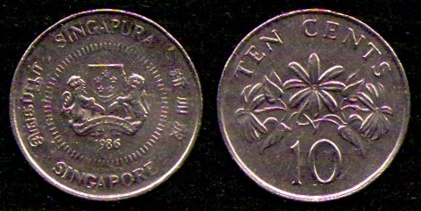 10 центов<br> 1986 год<br> Сингапур<br> SINGAPURA SINGAPORE 1986 TEN CENTS 10
