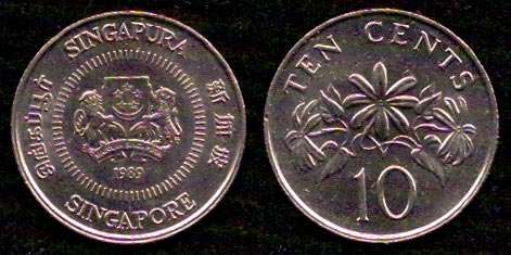10 центов<br> 1989 год<br> Сингапур<br> SINGAPURA SINGAPORE 1989 TEN CENTS 10