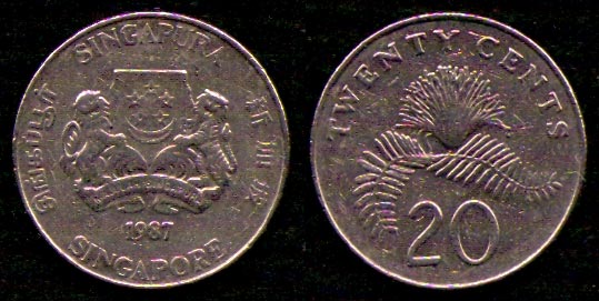 20 центов<br> 1987 год<br> Сингапур<br> SINGAPURA SINGAPORE 1987 TWENTY CENTS 20