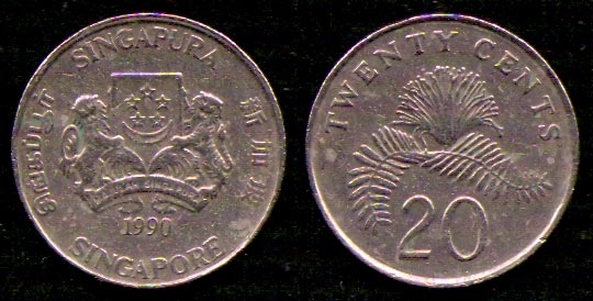 20 центов<br> 1990 год<br> Сингапур<br> SINGAPURA SINGAPORE 1990 TWENTY CENTS 20