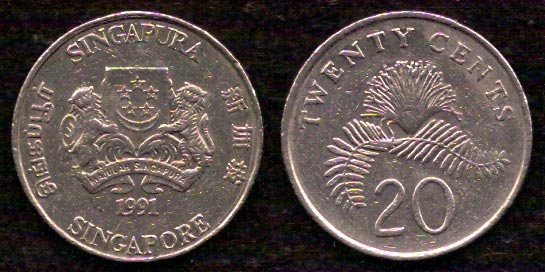 20 центов<br> 1991 год<br> Сингапур<br> SINGAPURA SINGAPORE 1991 TWENTY CENTS 20