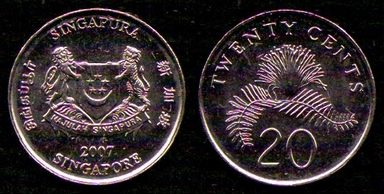 20 центов<br> 2007 год<br> Сингапур<br> SINGAPURA SINGAPORE 2007 TWENTY CENTS 20
