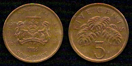 5 центов<br> 1986 год<br> Сингапур<br> SINGAPURA SINGAPORE 1986 FIVE CENTS 5
