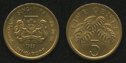 5 центов<br> 1989 год<br> Сингапур<br> SINGAPURA SINGAPORE 1989 FIVE CENTS 5