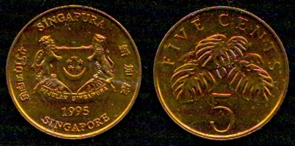 5 центов<br> 1995 год<br> Сингапур<br> SINGAPURA SINGAPORE 1995 FIVE CENTS 5