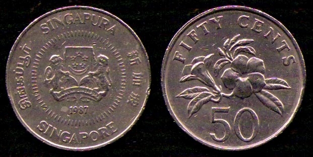 50 центов<br> 1987 год<br> Сингапур<br> SINGAPURA SINGAPORE 1987 FIFTY CENTS 50