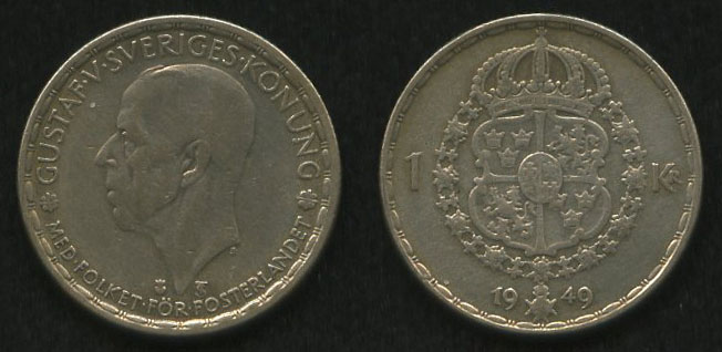 1 крона<br> 1949 год<br> Швеция