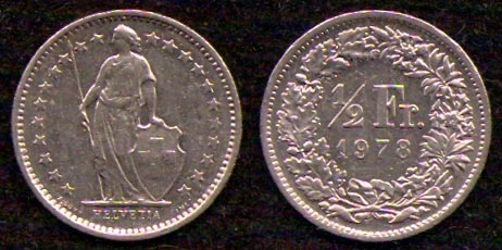 1/2 франка<br> 1978 год<br> Швейцария<br> HELVETIA 1/2 FR. 1978