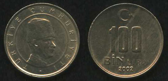 100 тысяч лир<br> 2002 год<br> Турция<br> TURKIYE CUMHURIYETI 100 BIN LIRA 2002
